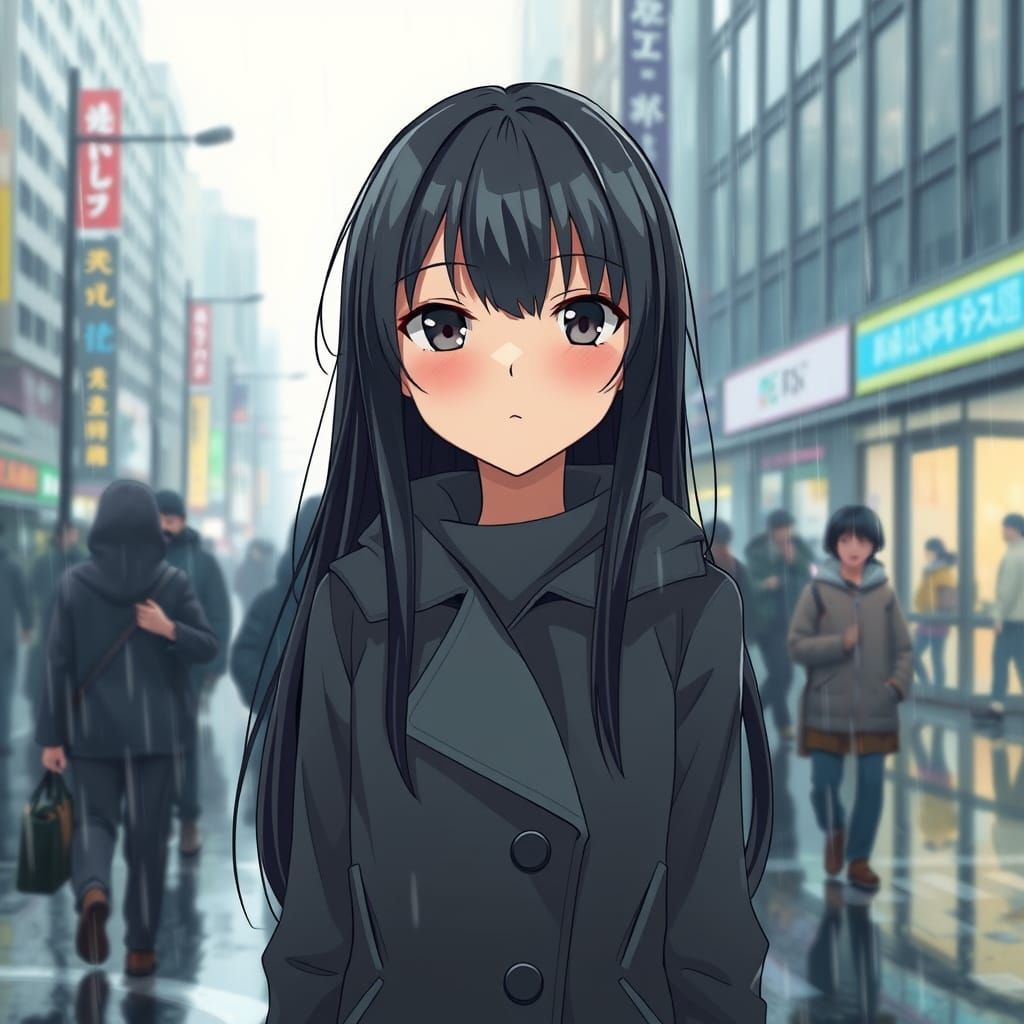 Anime City Girl Stands Serenely in Rainy Night