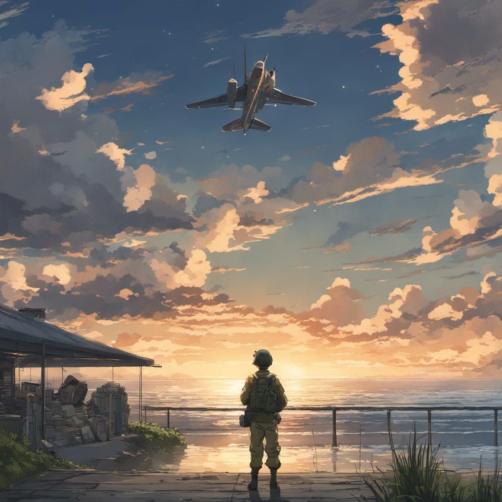Soldier Watches Planes in Ghibli Anime Style