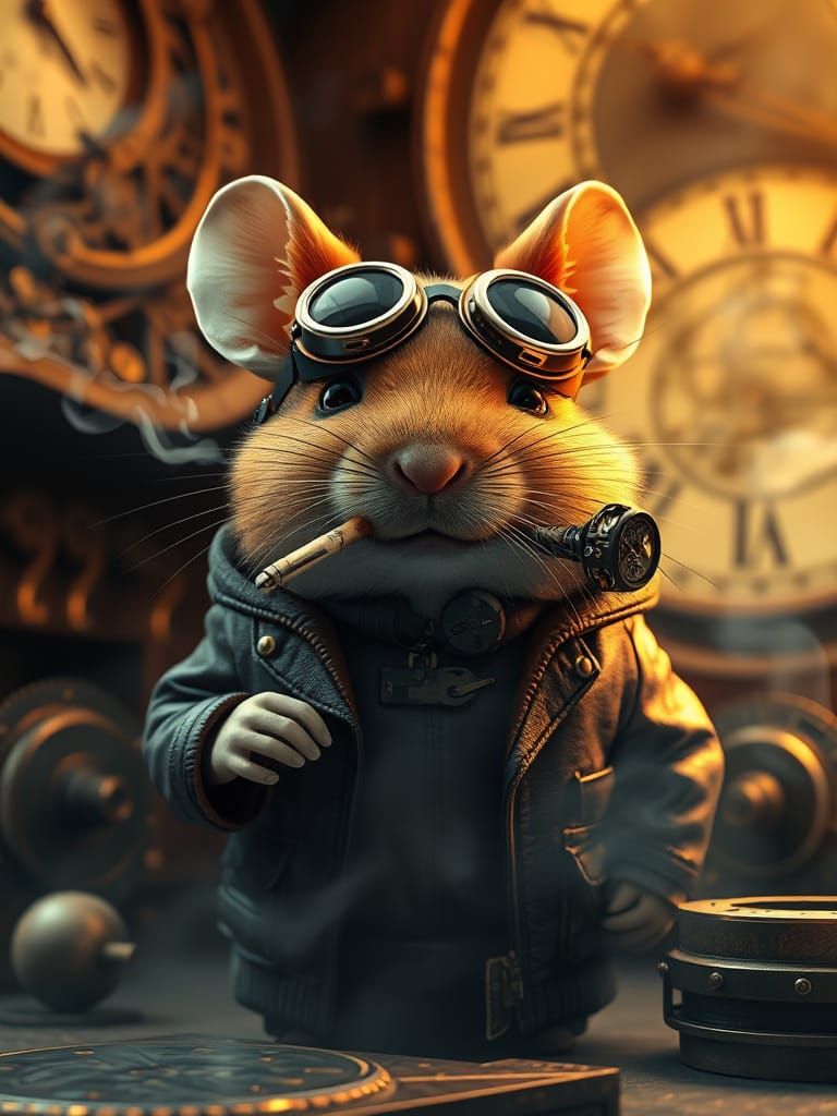 Steampunk Gerbil Smoking in Dimly Lit Room
