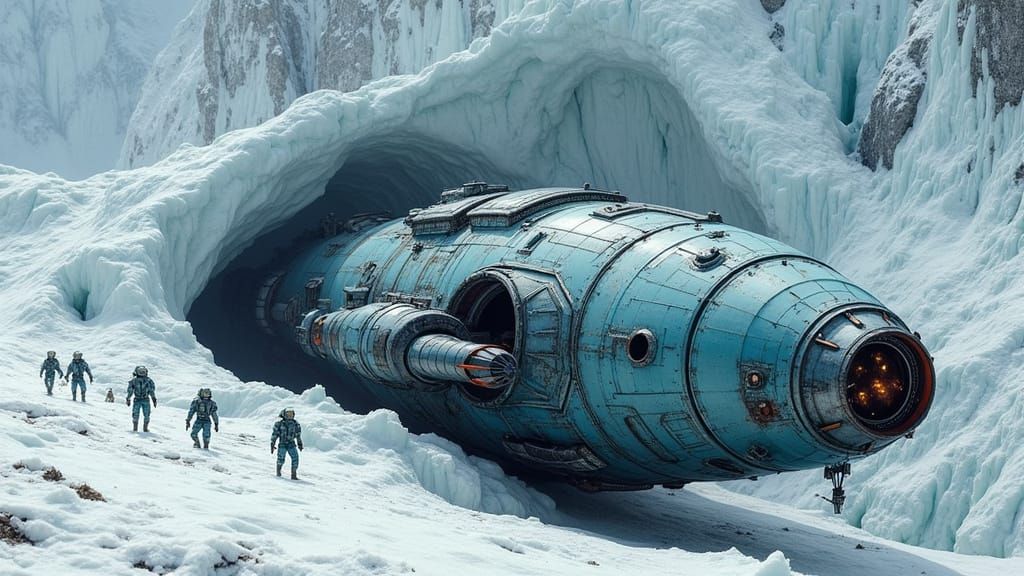 Ancient Spacecraft Exposed by Melting Glaciers in a Futurist...