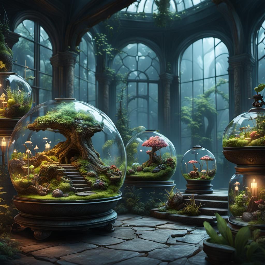 Fantastical Terrariums in Detailed Matte Painting Style