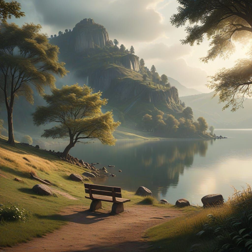 Serene Lakeside Landscape with Bench in Dreamy Style
