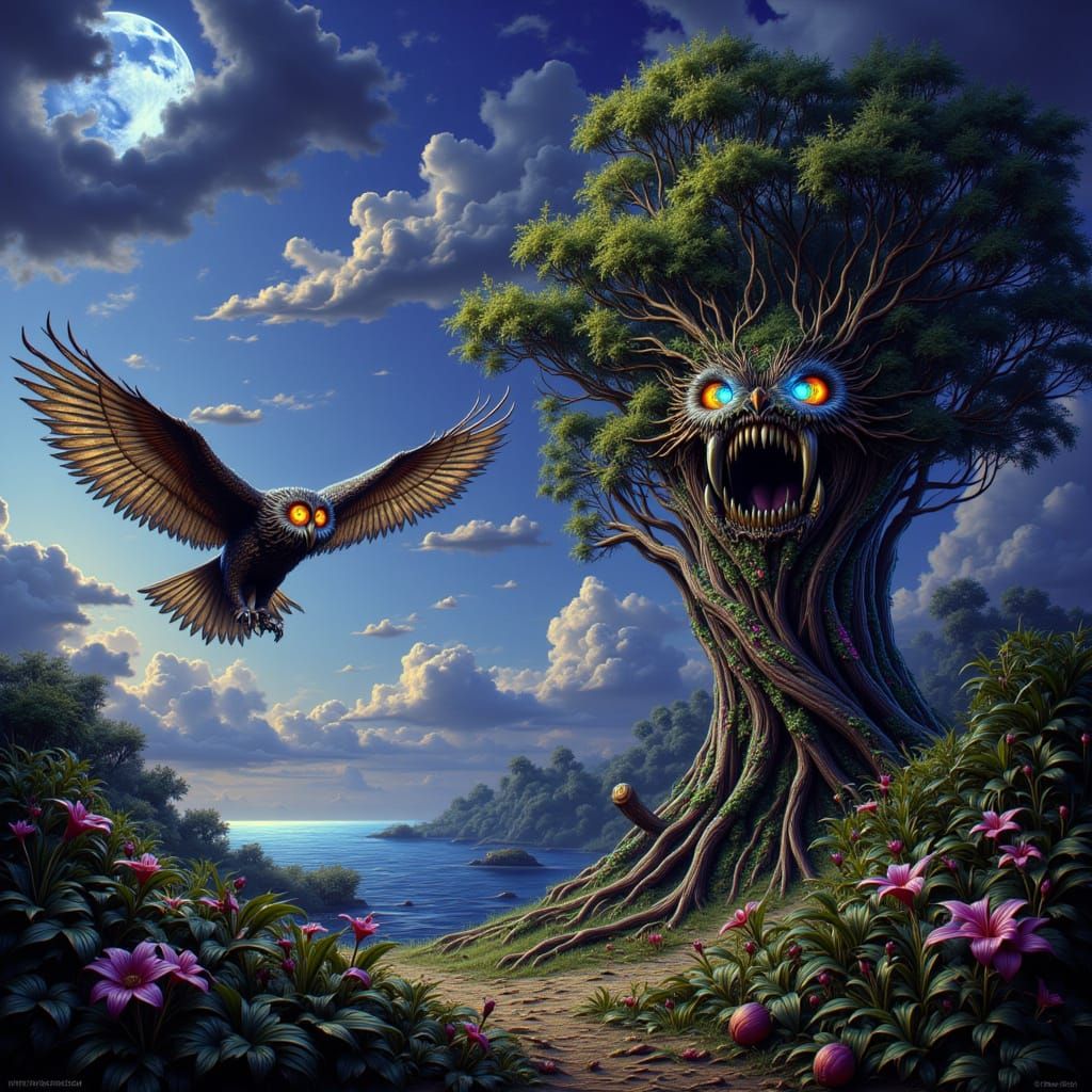 Giant Owl and Oak Golem in Twilight Digital Matte Painting