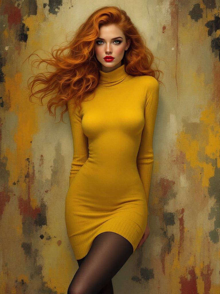 Pin Up Woman in Yellow Sweater Dress, Art Nouveau Style
