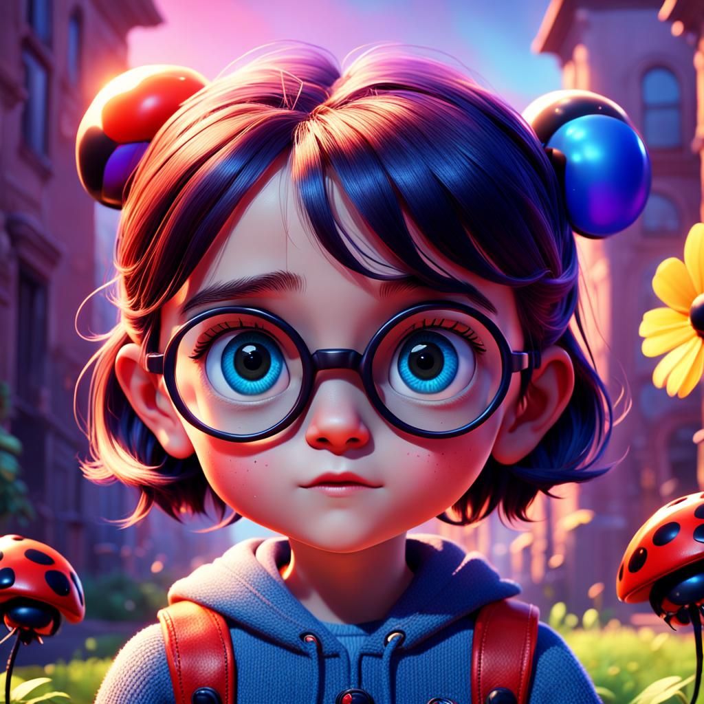 Ladybug Girl with Glasses: Pixar-Style 3D Art