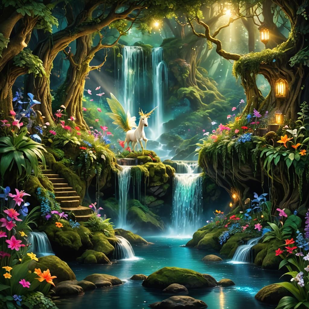 An enchanted forest with a grand, cascading waterfall that glows with an inner light.