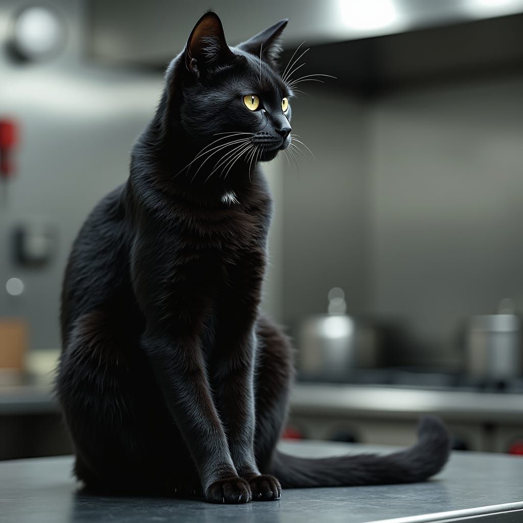 Black and Silver Cat-Woman on Industrial Countertop
