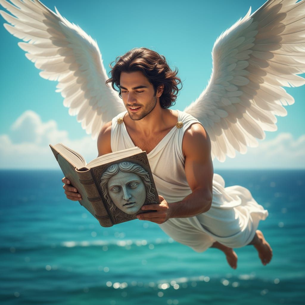 Angel Flying Over Ocean with Mysterious Book