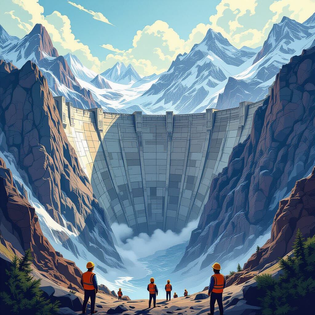 Colossal Dam Rendered in Abstract Vector Fractals