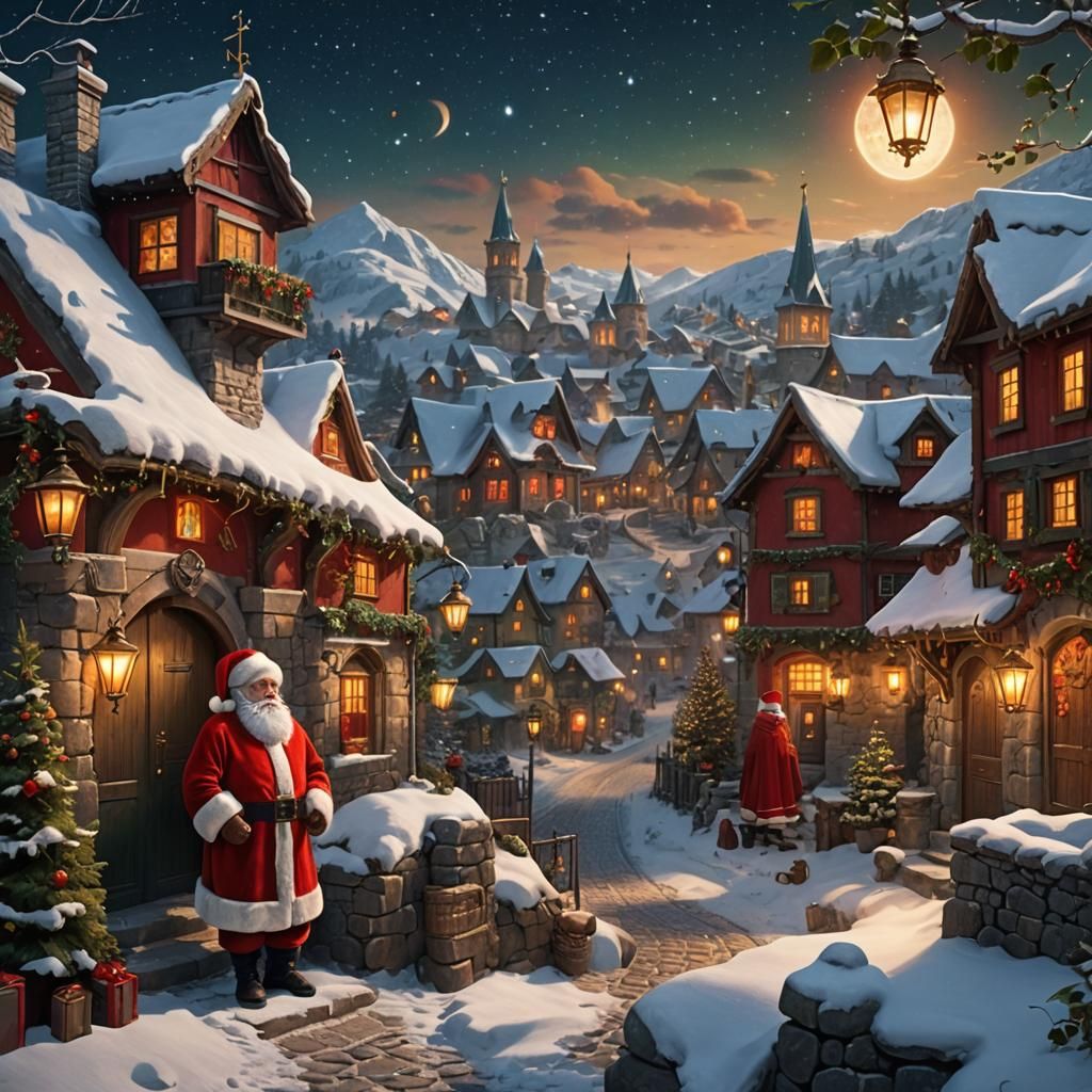 Festive Santa Claus in Snowy Village, Matte Painting