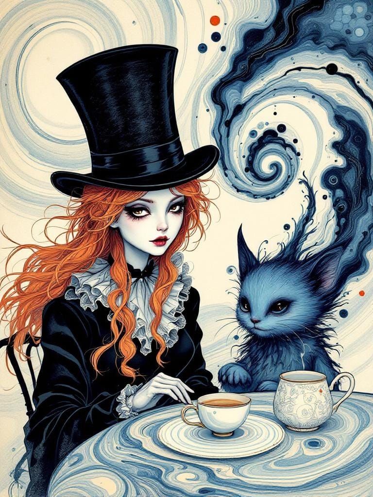 Surreal Tea Party Scene in Sumi Nagashi Style