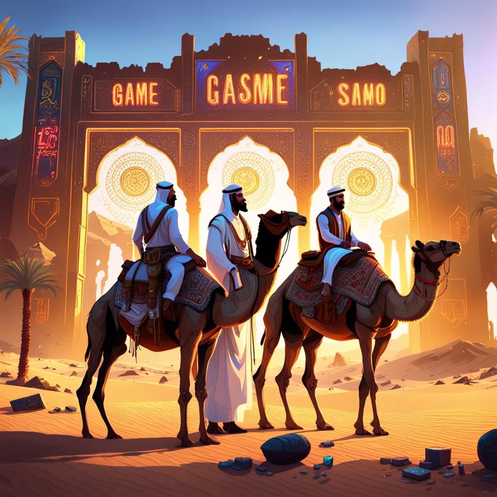 Cowboy, Sheikh, and Camel in Desert Casino Ruins