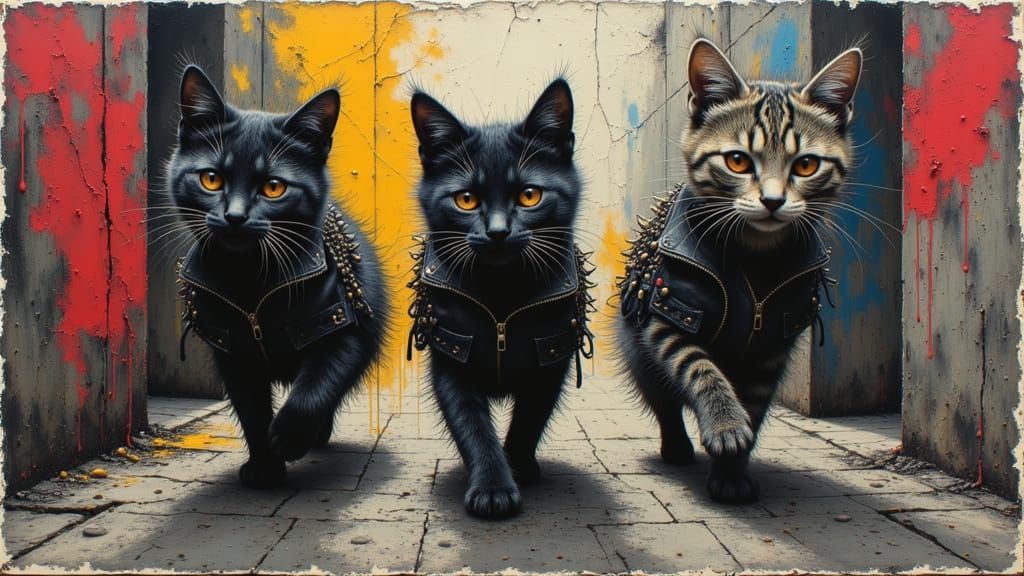 Three Kittens in Leather Jackets in Surreal Alley