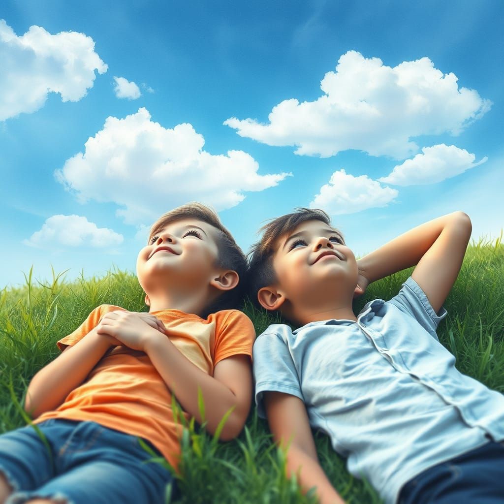 Surreal Watercolor Scene of Young Friends Lost in Daydreams