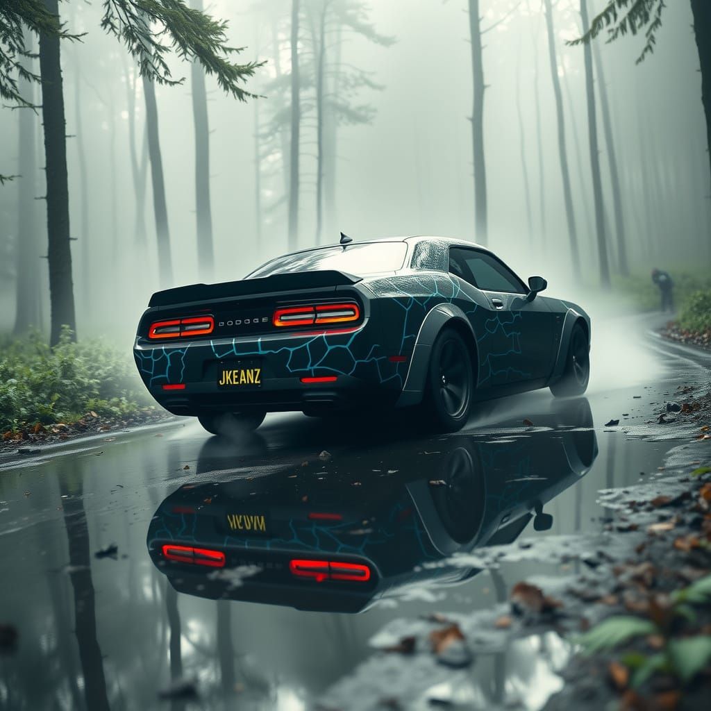 Thunderbolt Dodge Challenger in Misty Forest, Cinematic Styl...
