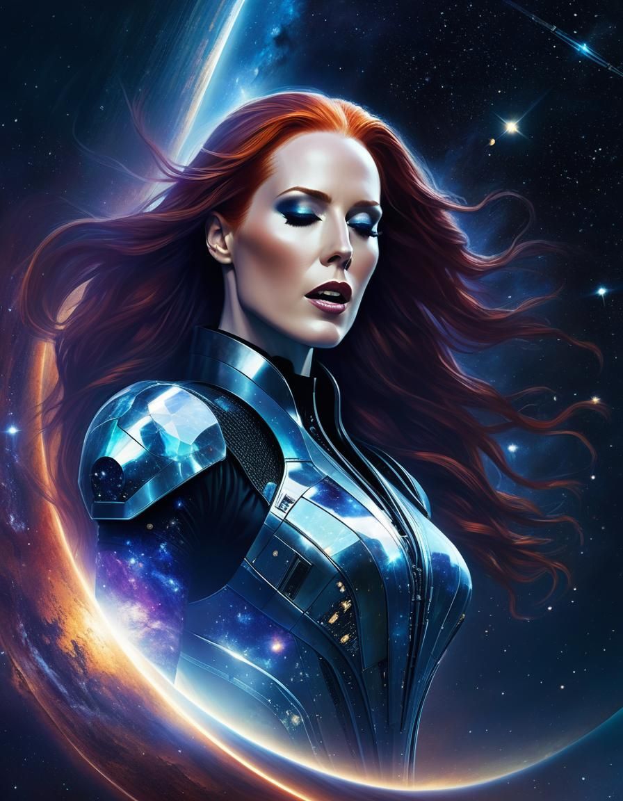 Cybernetic Singer on Celestial Stage in Digital Art