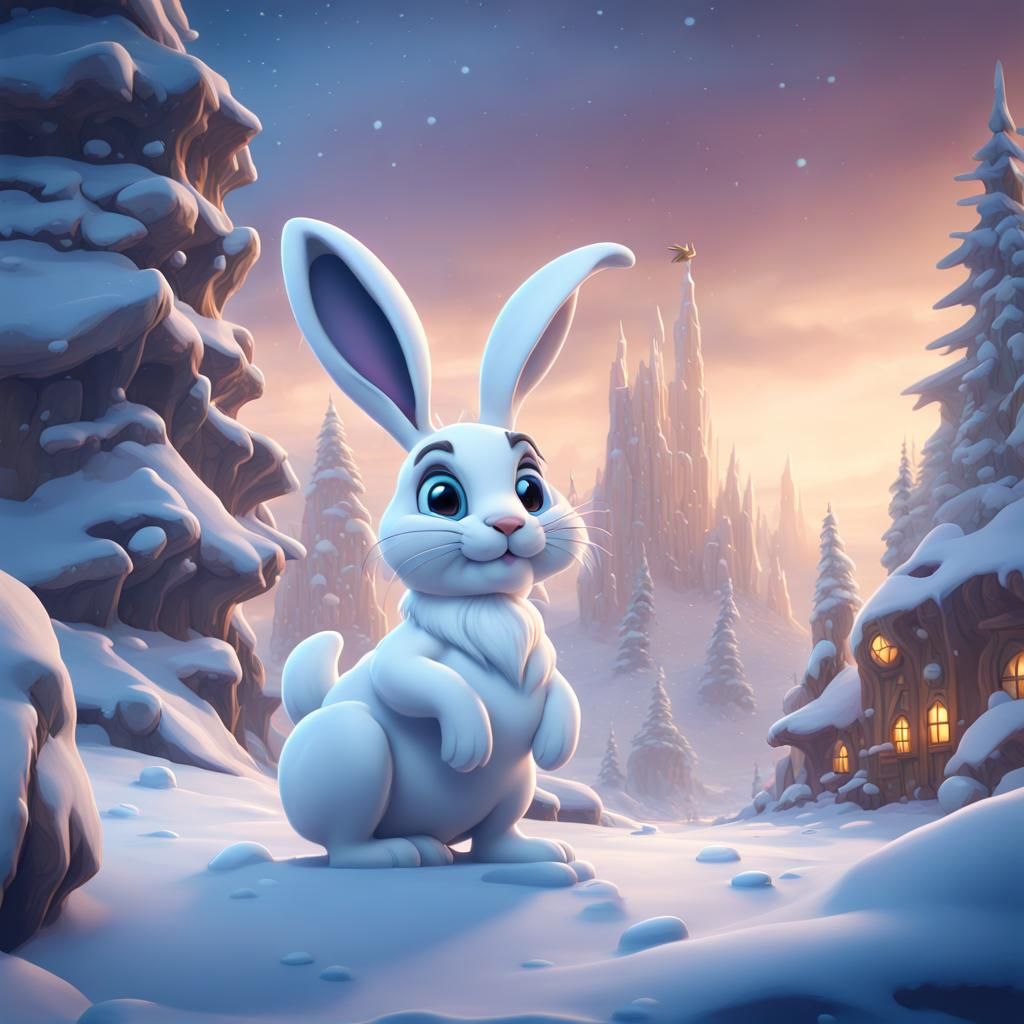 Snow Hare in Disney Cartoon Winter Scene