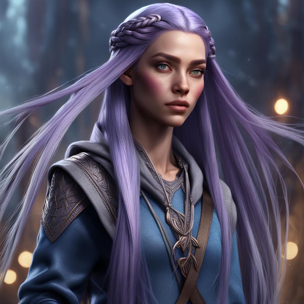 Elf Woman with Braided Purple Hair, Fantasy Art
