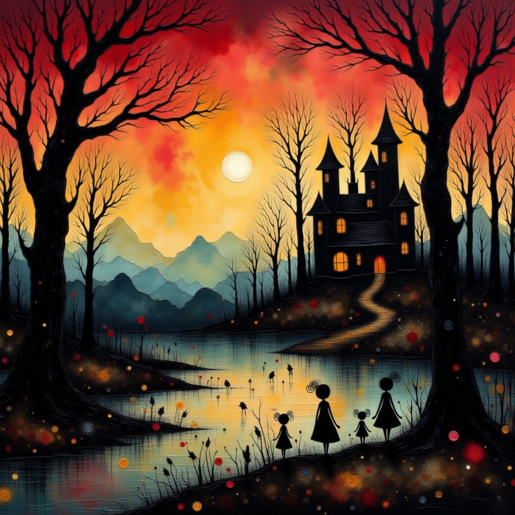 Fae Village at Sunset in Detailed Ink and Watercolor Style