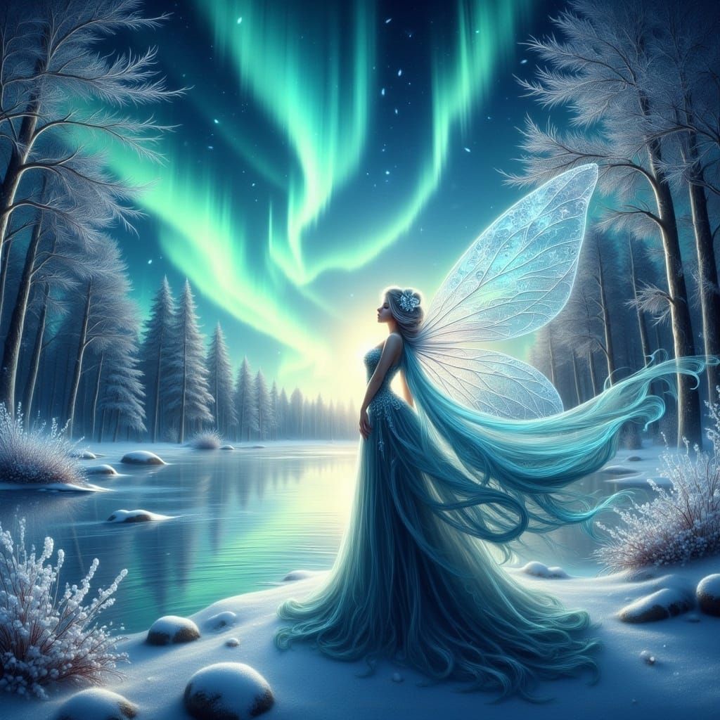 Winter Fairy Under Aurora Borealis