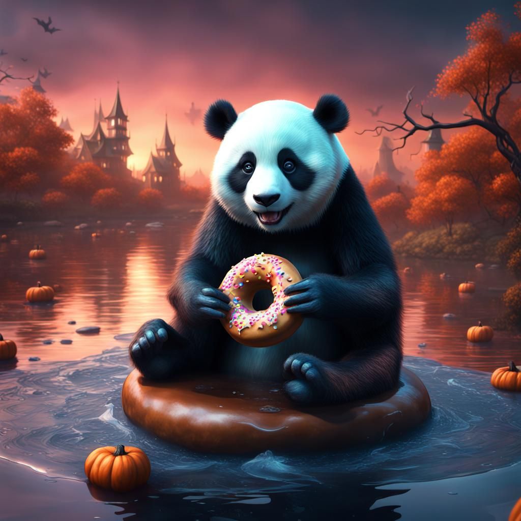 Panda Bear with Halloween Donut, Detailed Matte Painting