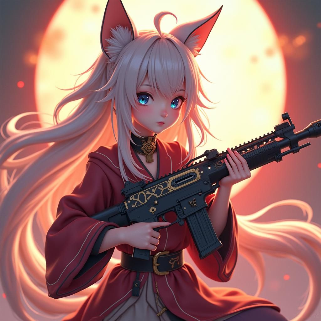 Anime Girl with Cat Features and Gun in 8K