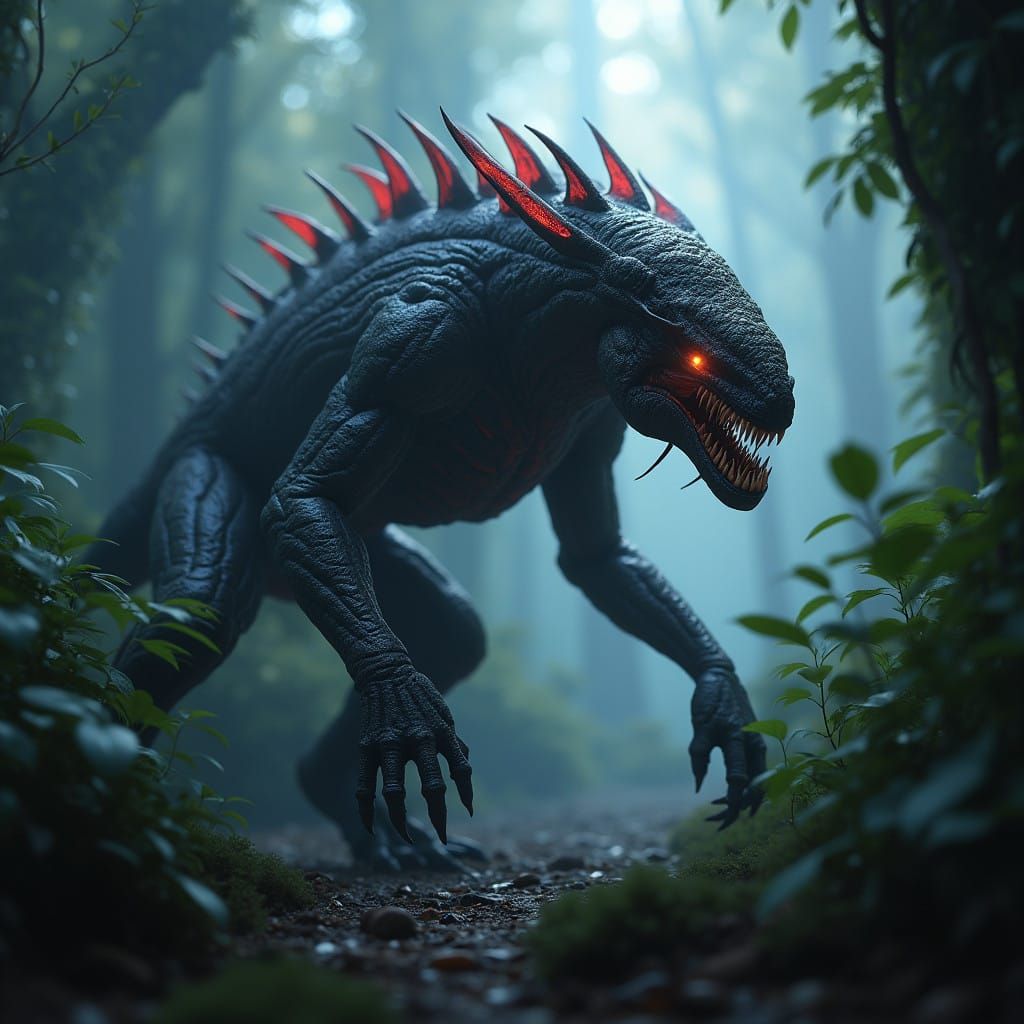 Hyperrealistic Futuristic Predator in Misty Jungle