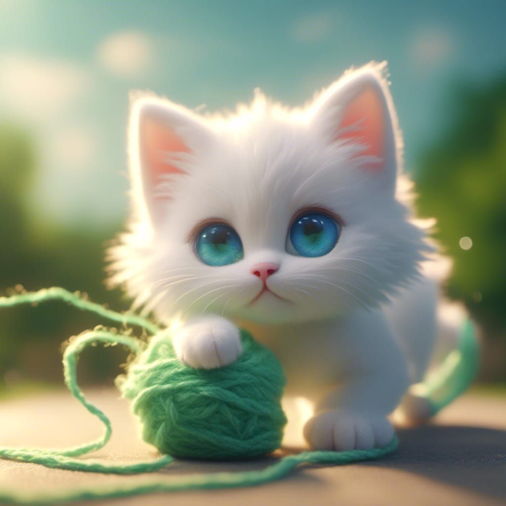 Fluffy White Kitten Playing with Yarn