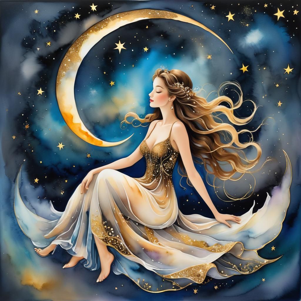 Woman on Moon in Starry Alcohol Ink Night