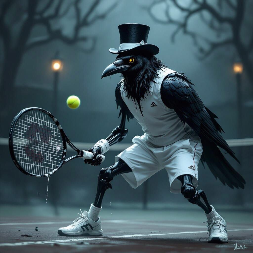 Skeletal Raven Plays Tennis in Dark Fantasy Style