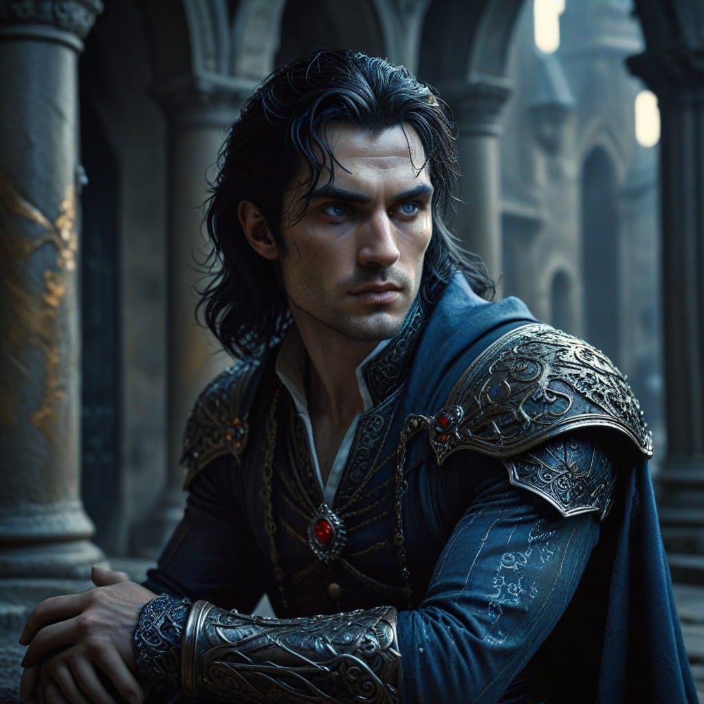 Handsome Vampire King in Dark Irish Castle Courtyard