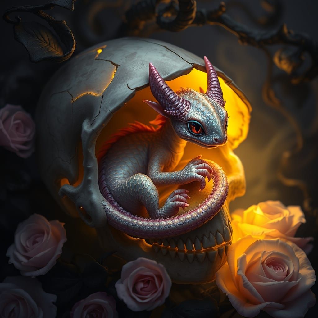 Pastel Dragon in Gothic Skull: Mystical Artwork