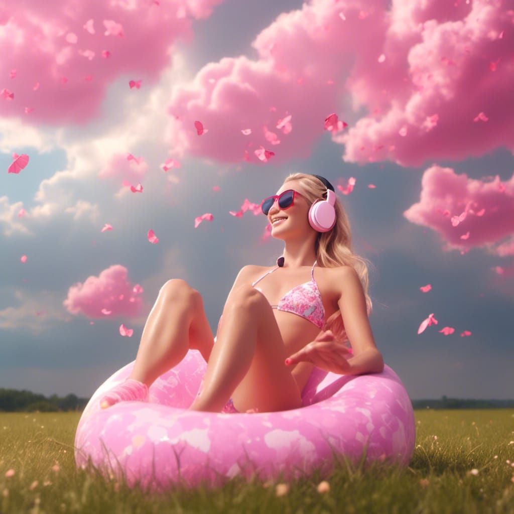 Blonde Woman Relaxing in Sunshine with Pink Bikini