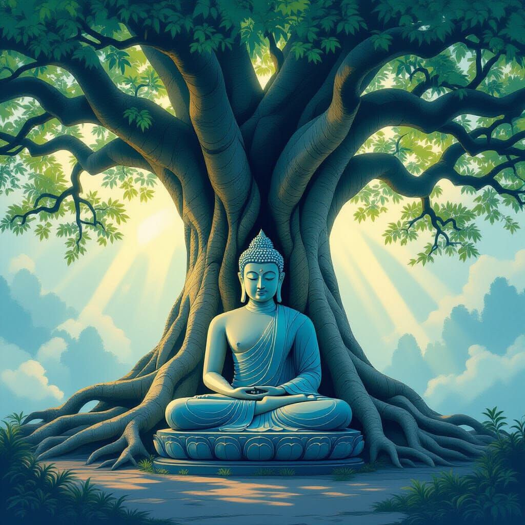 Serene Buddha Under Banyan Tree, Surreal Art