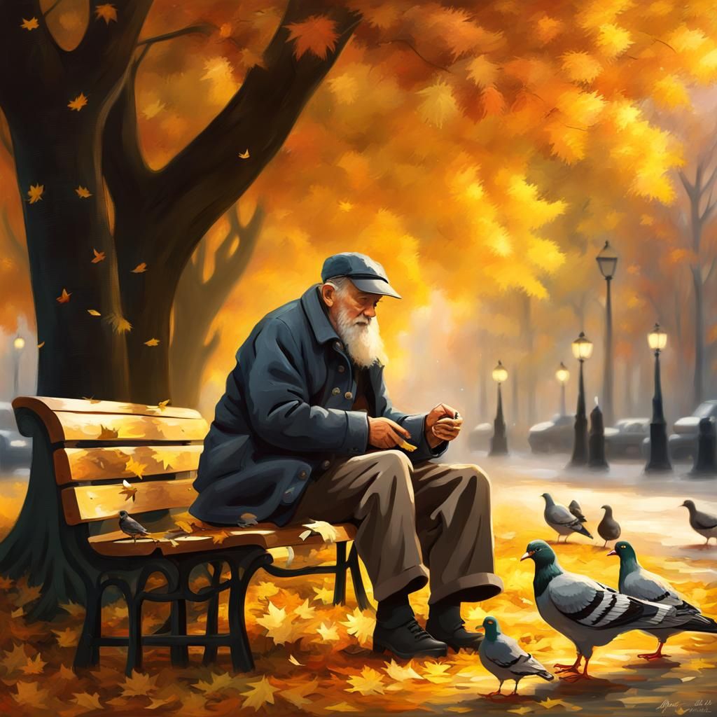 Autumn Impressionistic Scene: Man Feeding Pigeons
