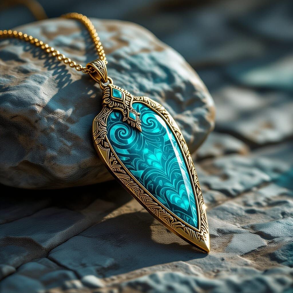 Arrowhead Amulet with Crystal Engravings in Dark Fantasy Sty...