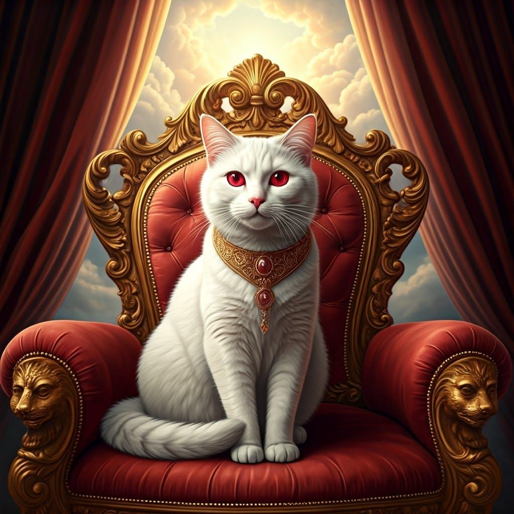 Regal White Cat Adorned with Golden Collar in Heavenly Light