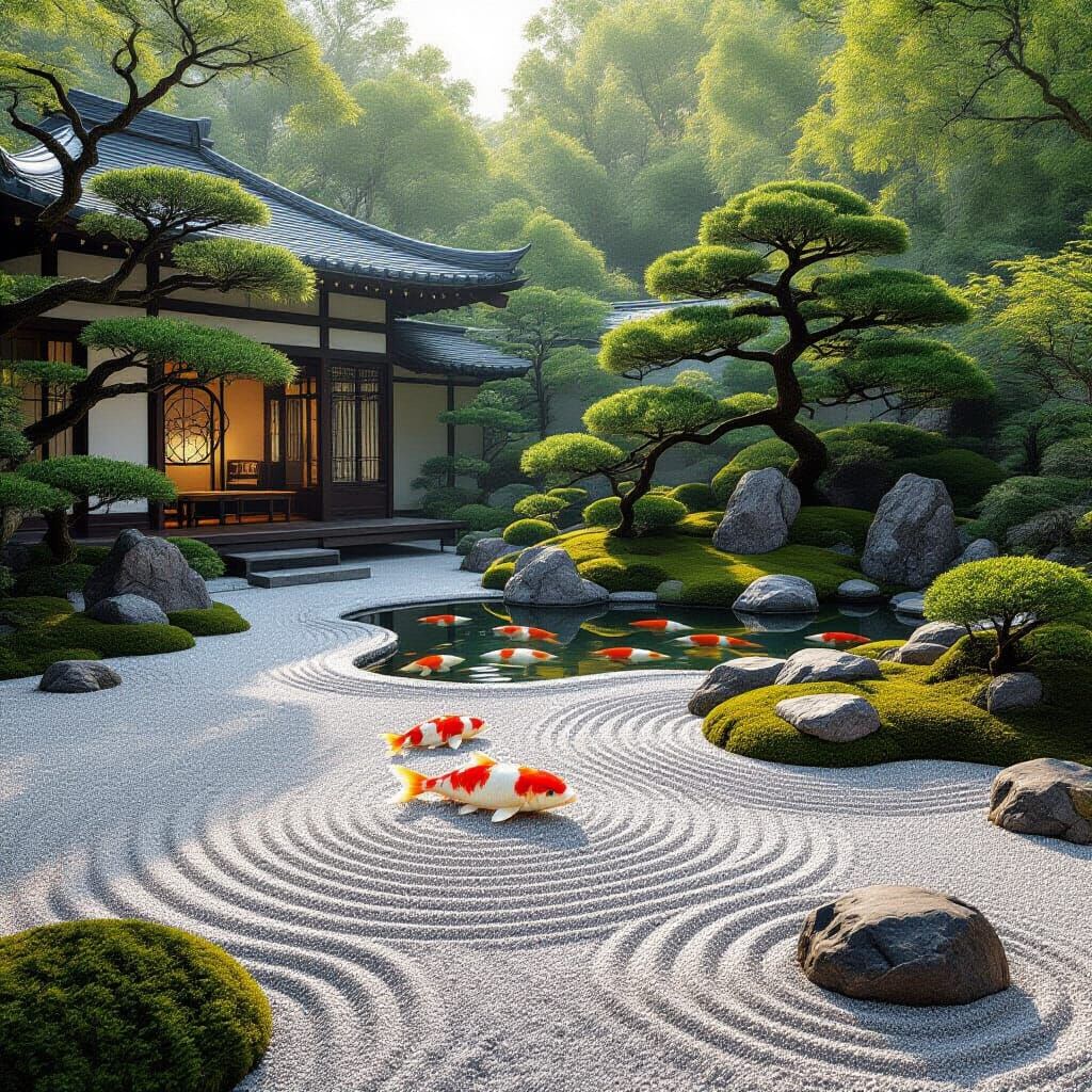 Hyperrealistic Zen Garden with Koi Pond and Bonsai Trees