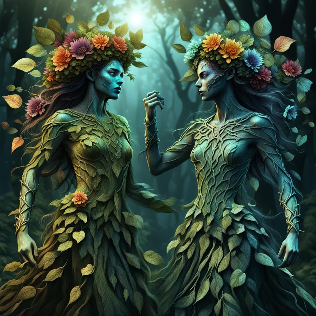 Light Dryad Versus Dark Dryad in 3D Illustration