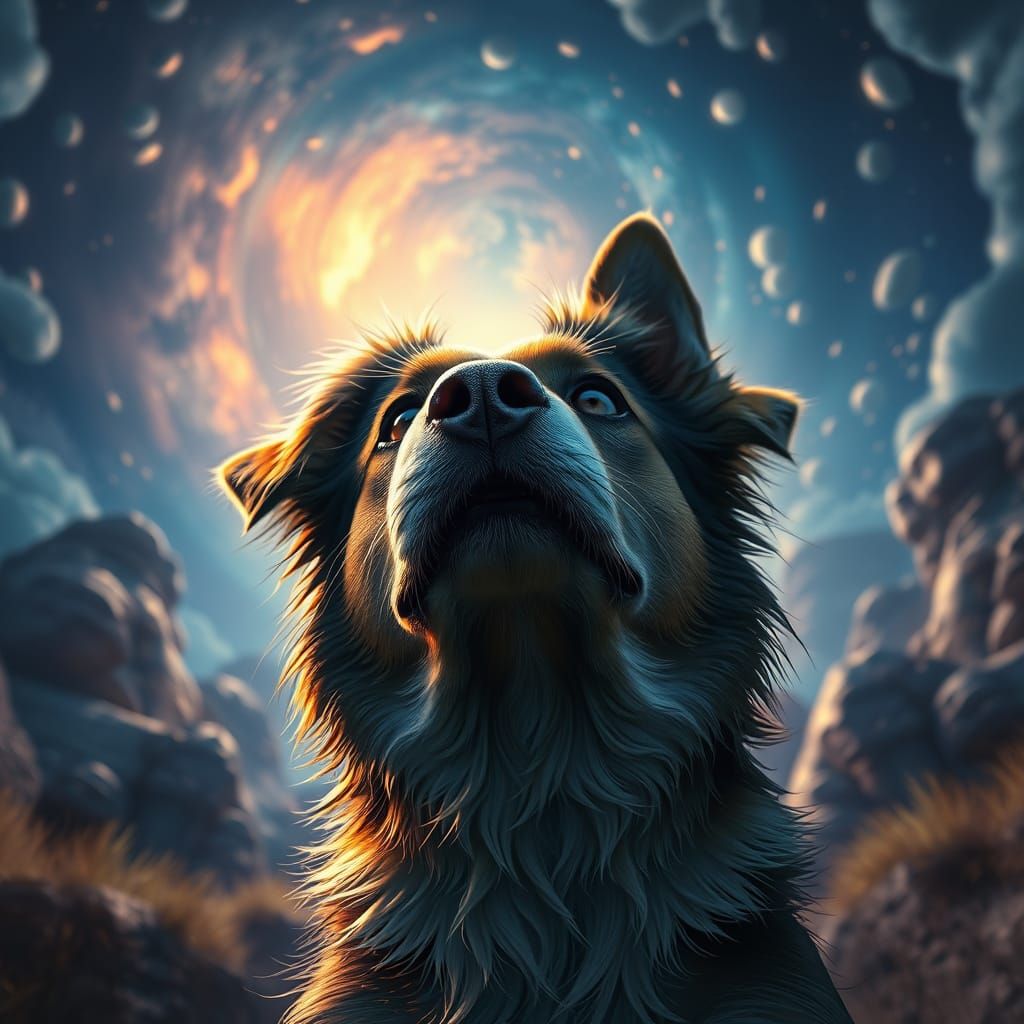 Surreal Canine Perspective in Vibrant Fantasy Landscapes