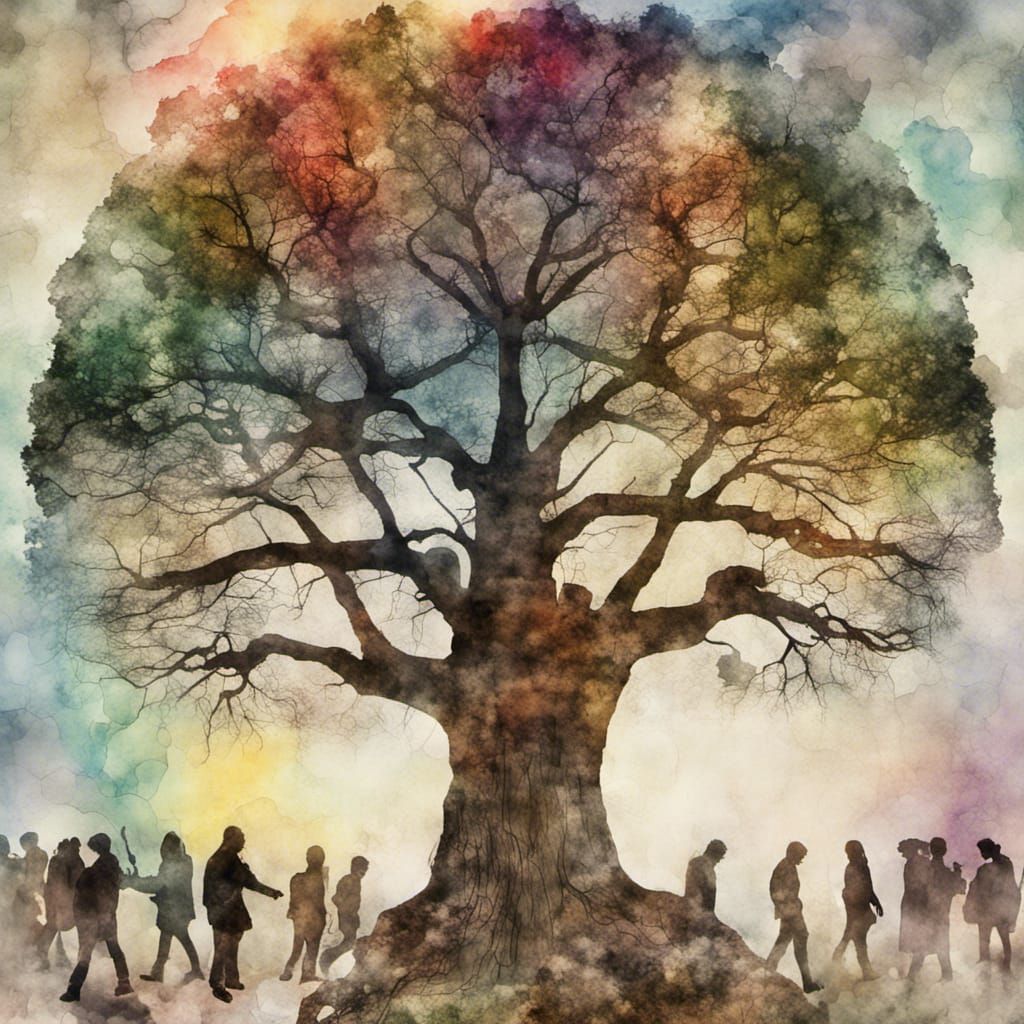 Ancient Tree and Crowds: Double Exposure Watercolor
