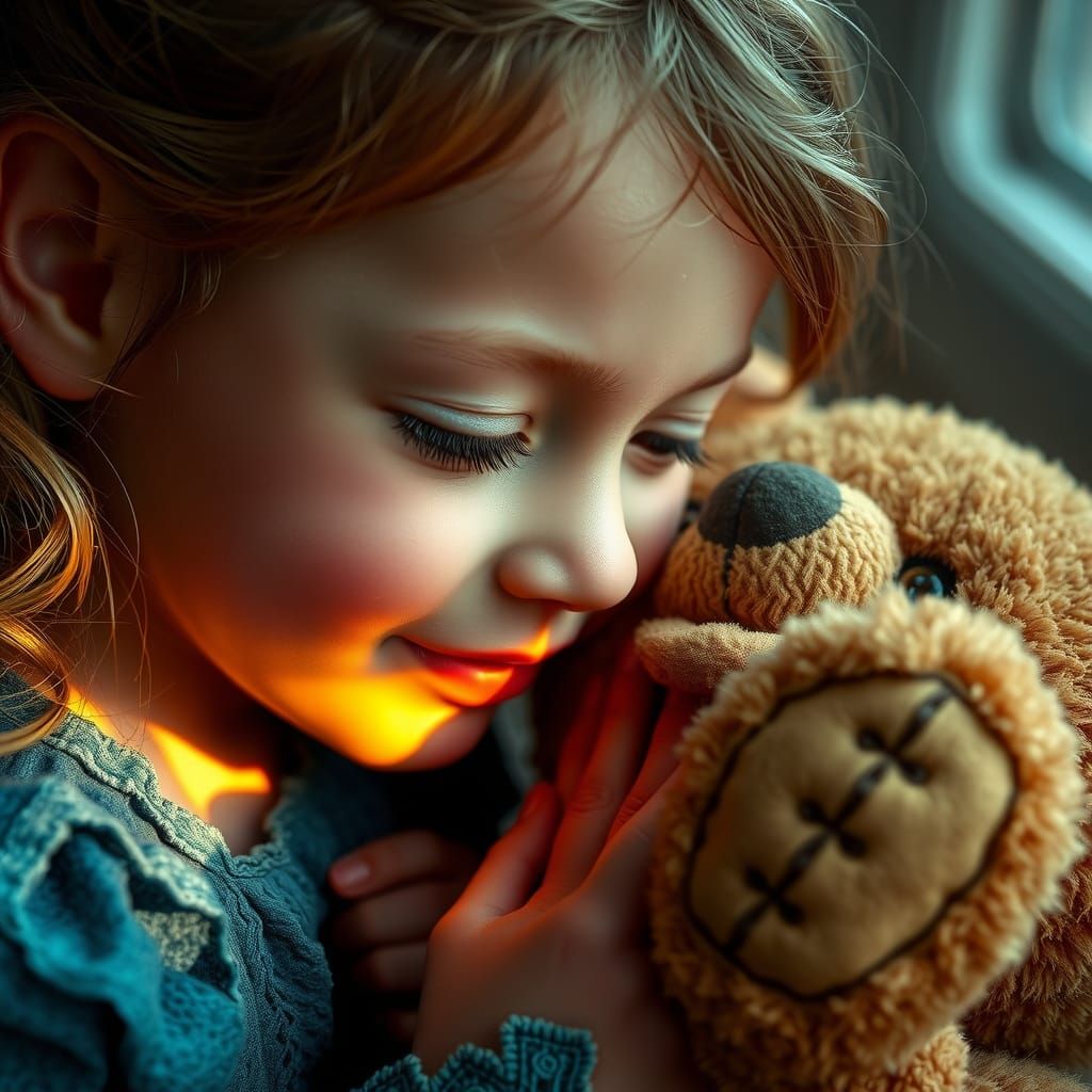 Girl and Teddy Bear in Amber Light
