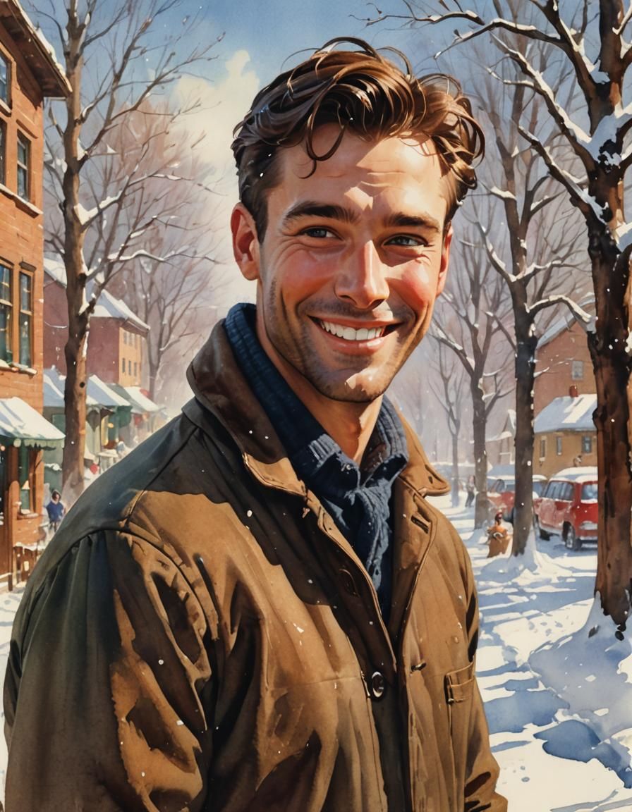 Smiling Man Portrait on Christmas Day, in Watercolor Style
