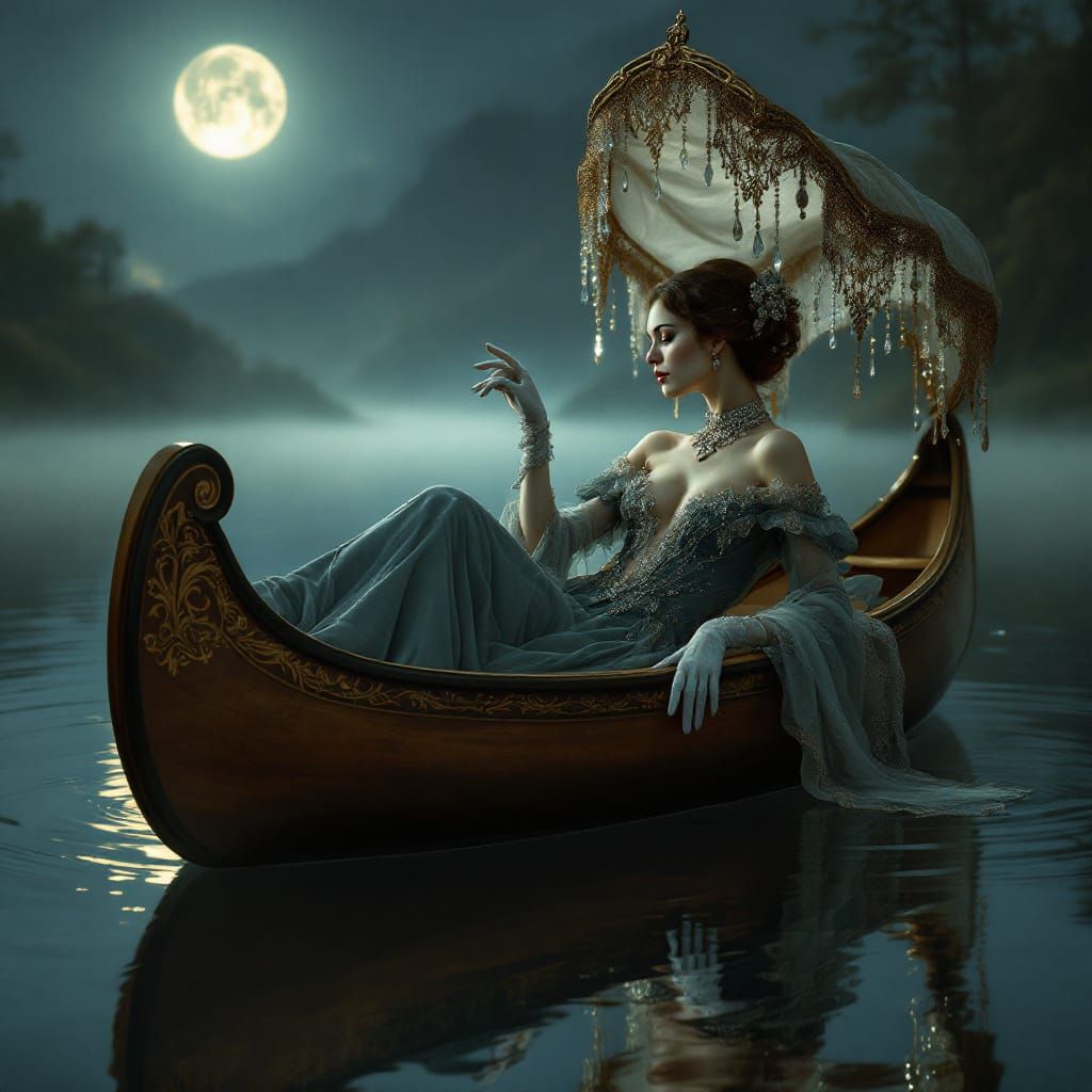 Victorian Woman in Canoe on Moonlit Lake