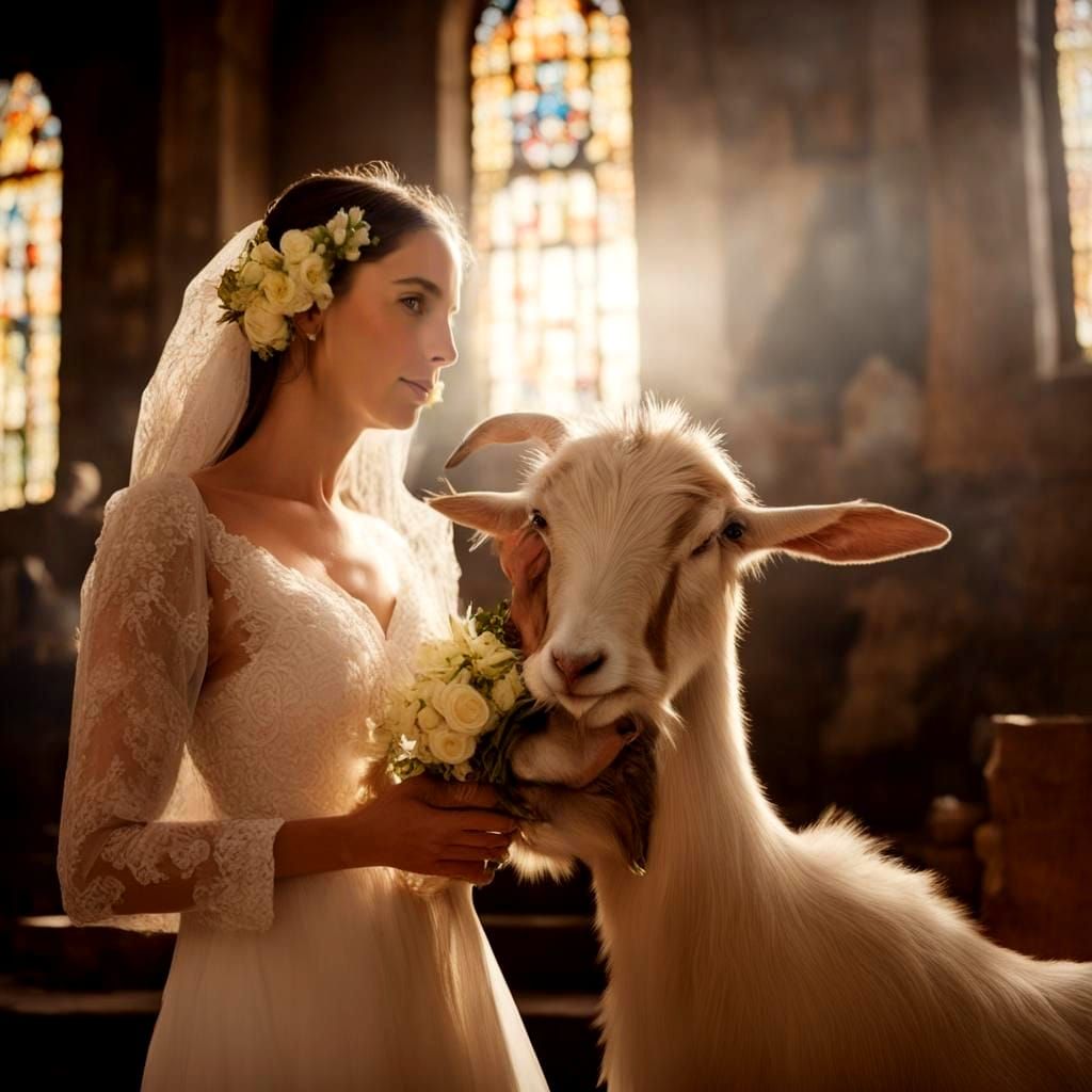 Bride and Goat Portrait in Studio Lighting