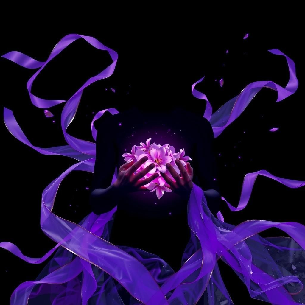 Resilient Figure with Purple Ribbons and Cybernetic Shards