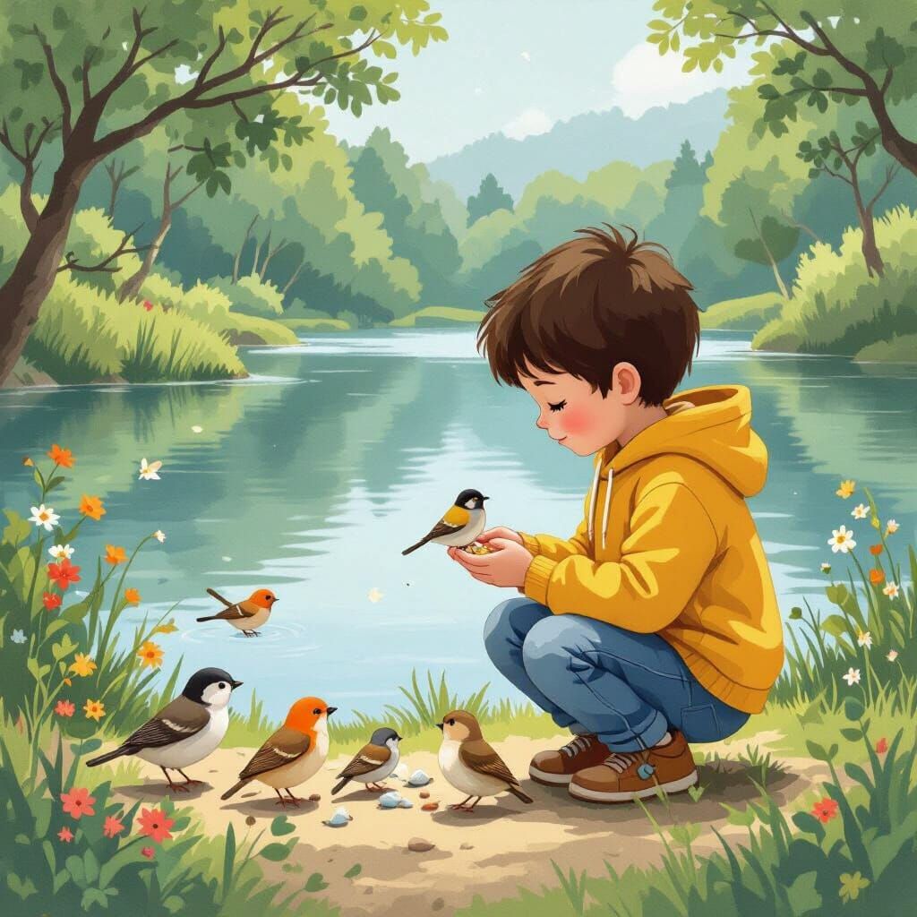 Boy Feeding Birds by Lake: Whimsical Art