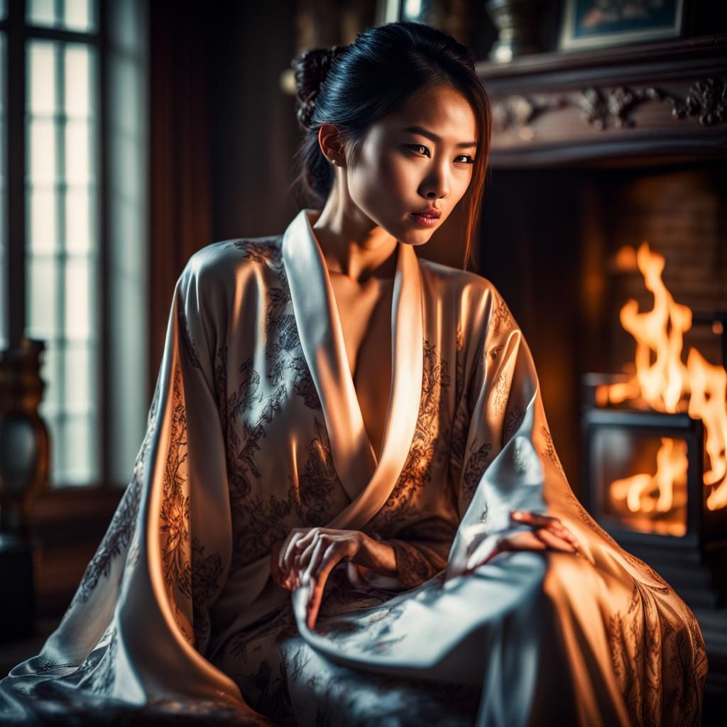 Asian Vampire in Silk Robe: Hyperrealistic 64 Megapixel
