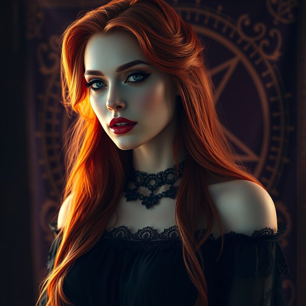 Ethereal Goddess in Red Hair and Black Attire, Oval Face wit...