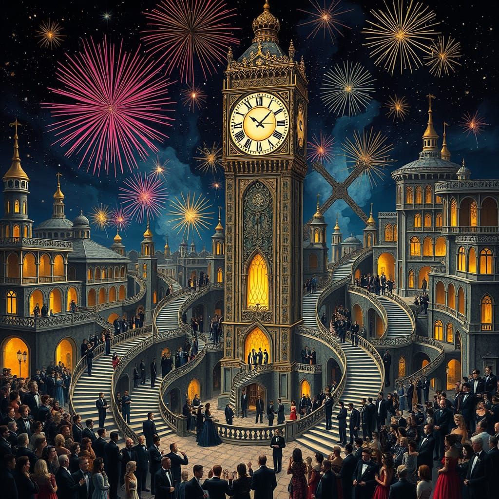 Escher-Inspired New Year's Countdown in Whimsical, Infinity...